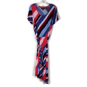 Lane Bryant Scoop Neck Asymmetrical Stripe Short Sleeve Mid Dress in Multicolor